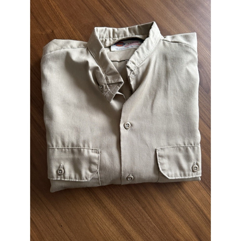 Vintage Y2K Dickies Men's L Khaki Long Sleeve Work Shirt Band Collar